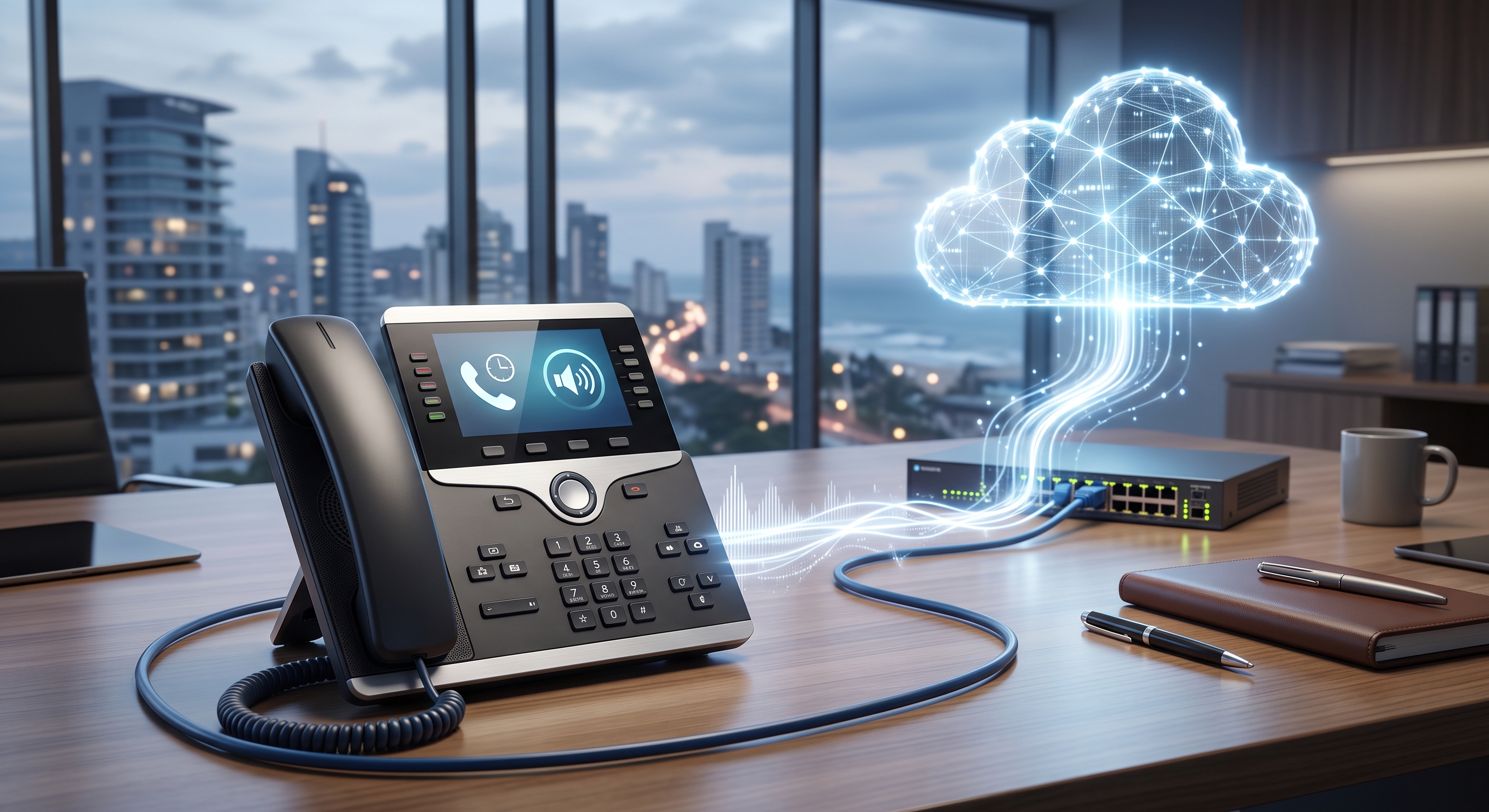 Business desk phone connected to the cloud, representing a hosted PBX