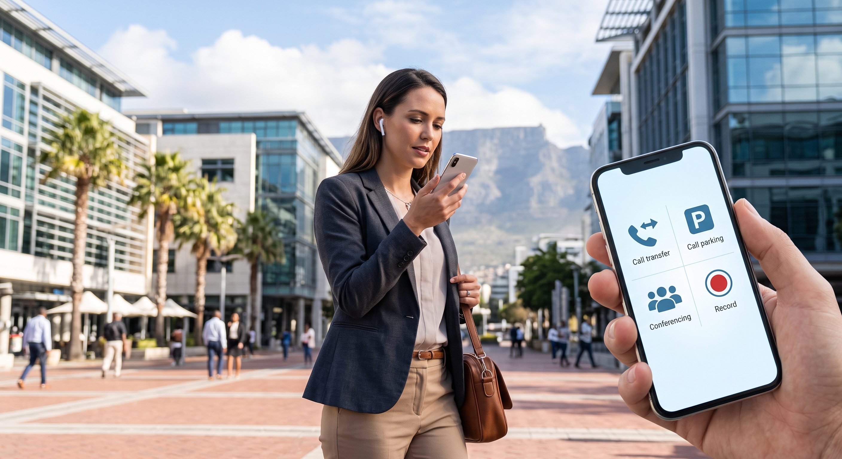 Businesswoman using a mobile phone app outside a city office block